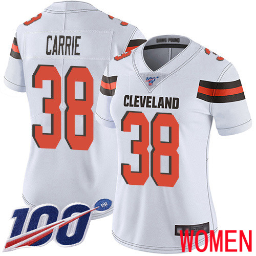 Cleveland Browns T J Carrie Women White Limited Jersey #38 NFL Football Road 100th Season Vapor Untouchable